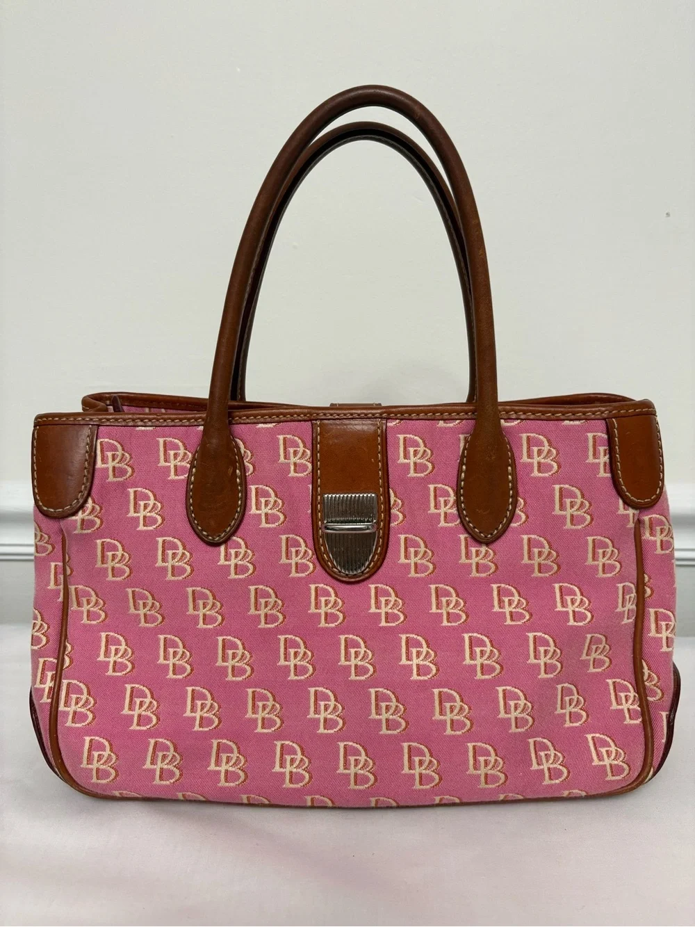 Dooney & Bourke Pink Logo Satchel with Brown Leather Trim